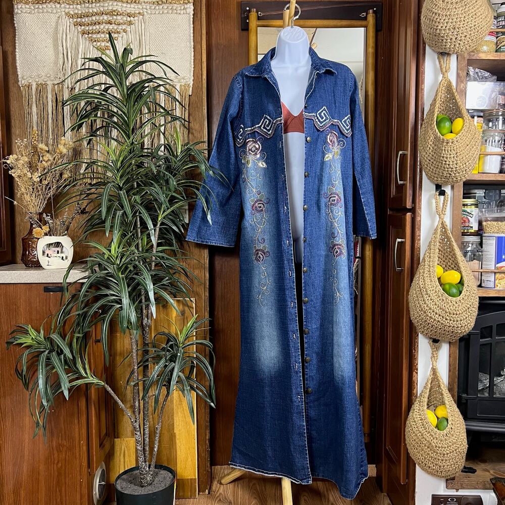 Y2K Embroidered Denim Duster Floor Length Boho Festival Coat Sequin Jacket L